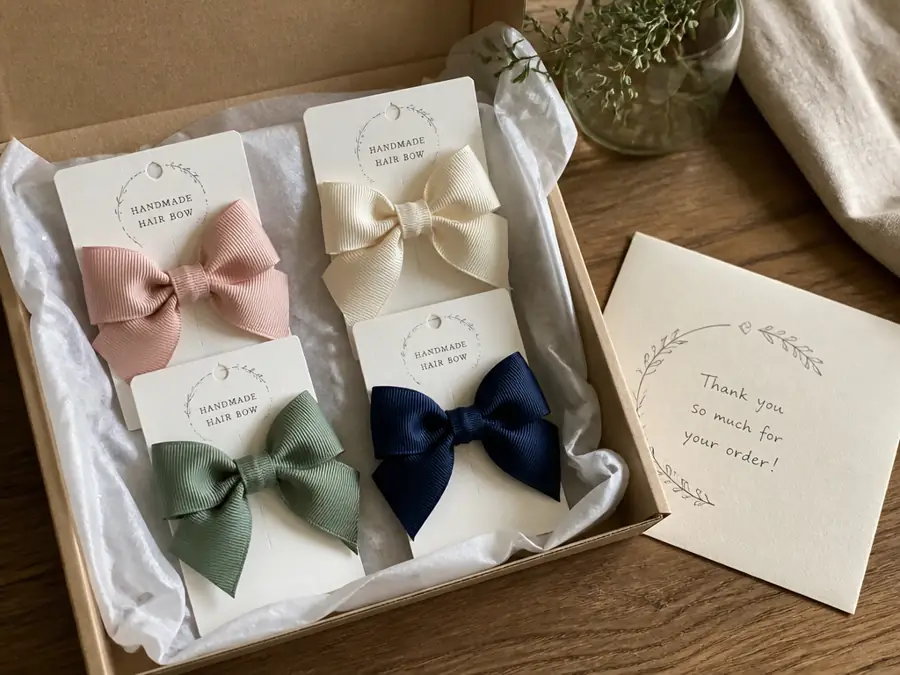 Hair bows on cards in a gift box