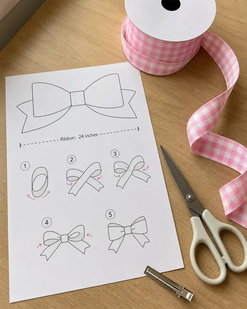 Printed hair bow template with ribbon, scissors and a clip